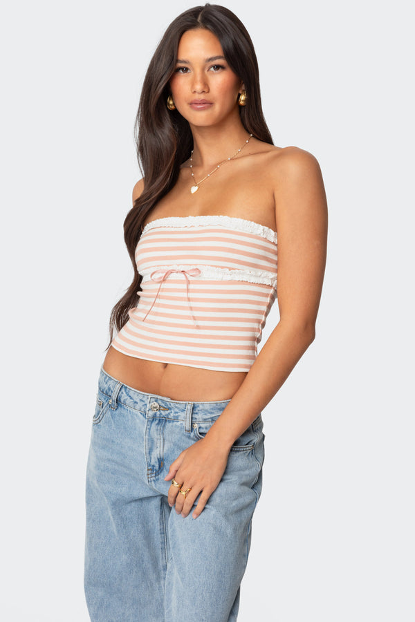 Edikted Striped Eyelet Trim Tube Top Pink