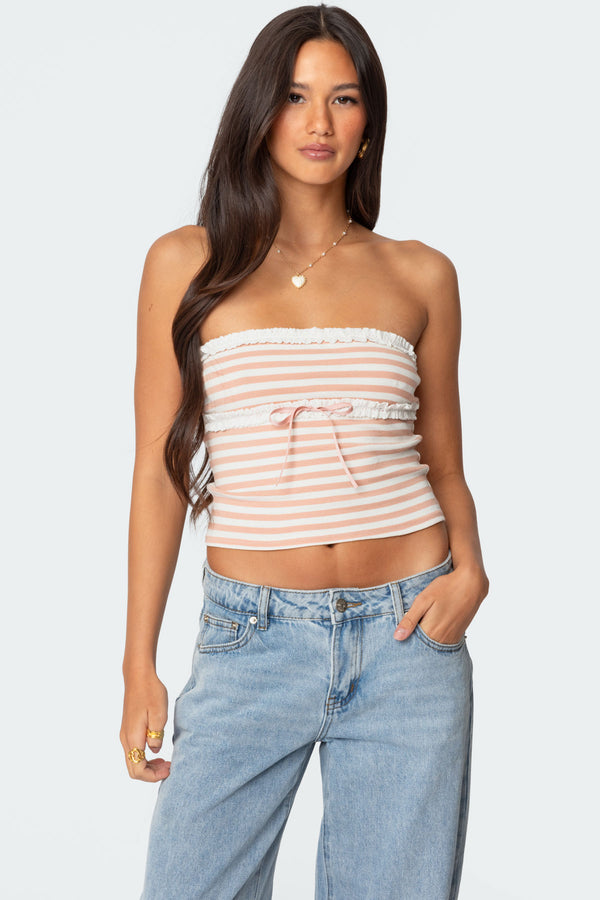 edikted Striped Eyelet Trim Tube Top pink