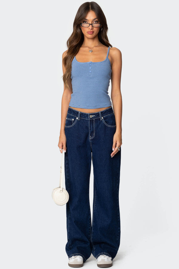 Edikted Striped Henley Tank Top Blue