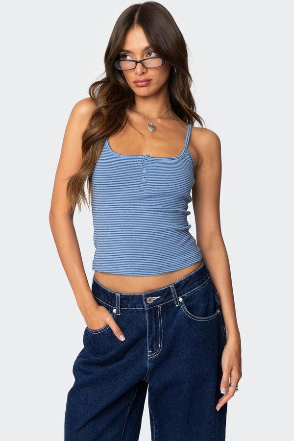 edikted Striped Henley Tank Top blue