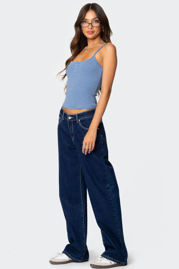 Edikted Striped Henley Tank Top Blue