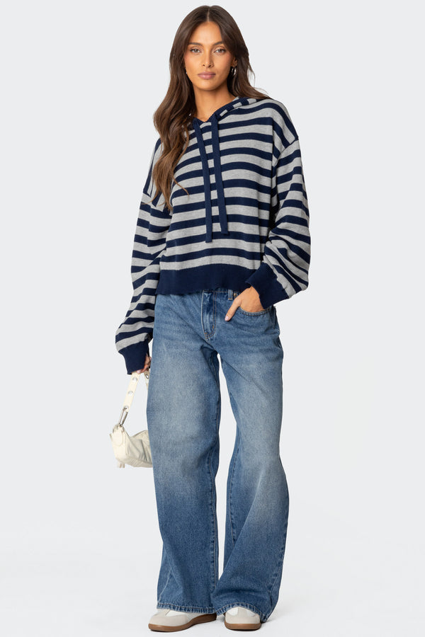 Edikted Striped Hooded Knit Sweater Navy