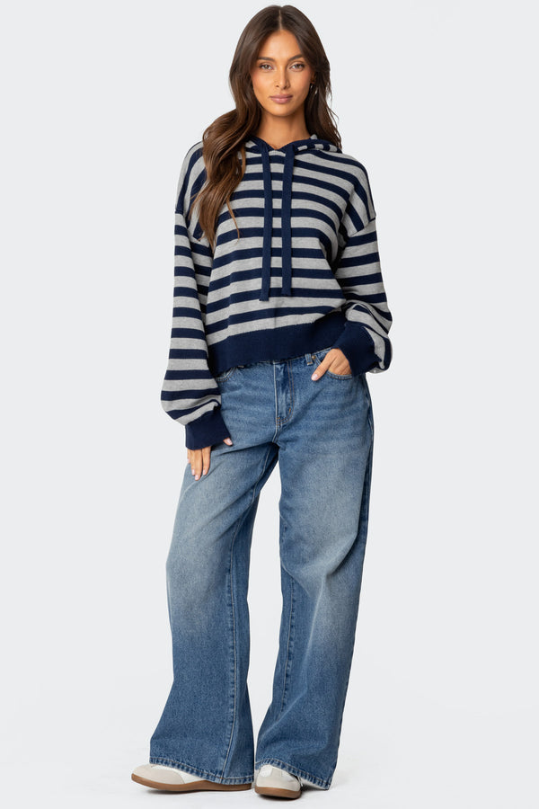 Edikted Striped Hooded Knit Sweater Navy