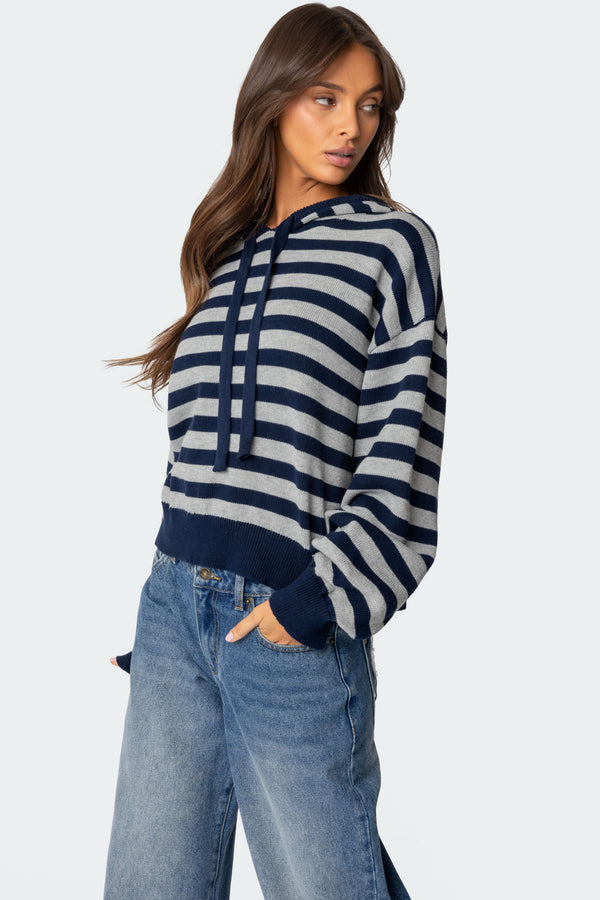 Edikted Striped Hooded Knit Sweater Navy