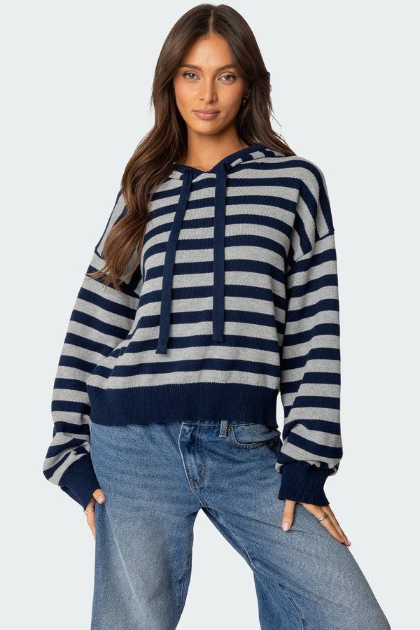 edikted Striped Hooded Knit Sweater navy