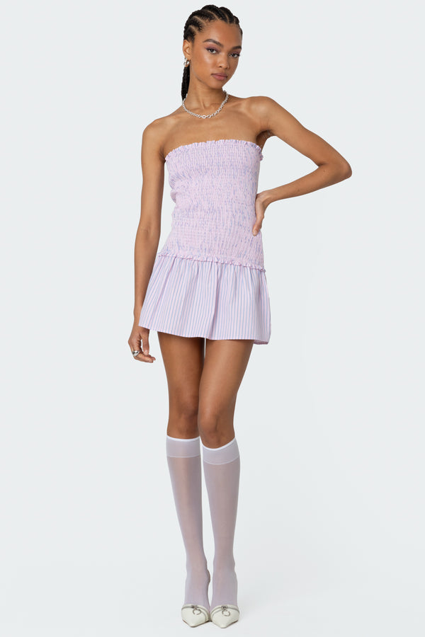 Edikted Striped Scrunch Strapless Mini Dress Pink