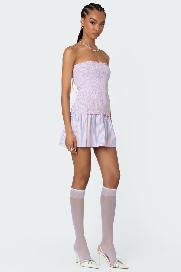 Edikted Striped Scrunch Strapless Mini Dress Pink