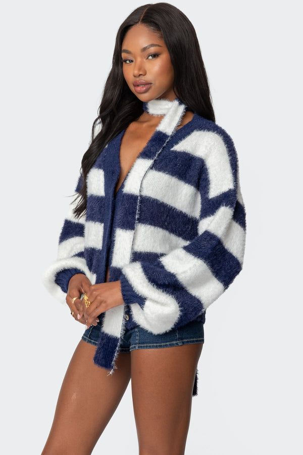Edikted Striped Two Piece Knit Scarf Cardigan Navy