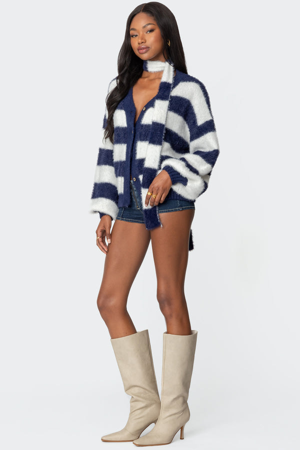 Edikted Striped Two Piece Knit Scarf Cardigan Navy