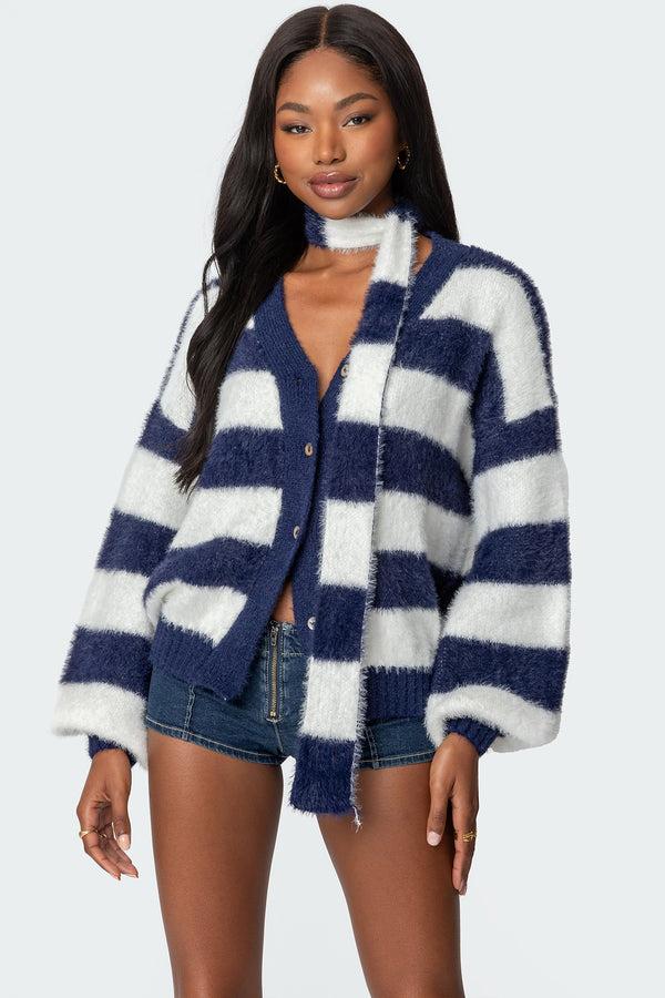 edikted Striped Two Piece Knit Scarf Cardigan navy