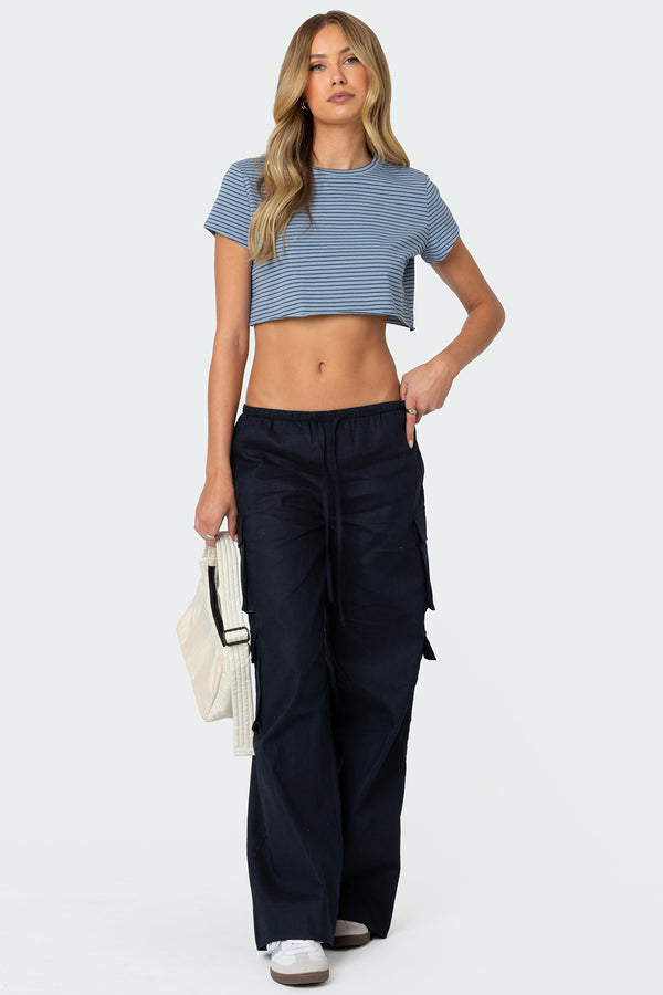 Edikted Stripey Cropped T Shirt Blue