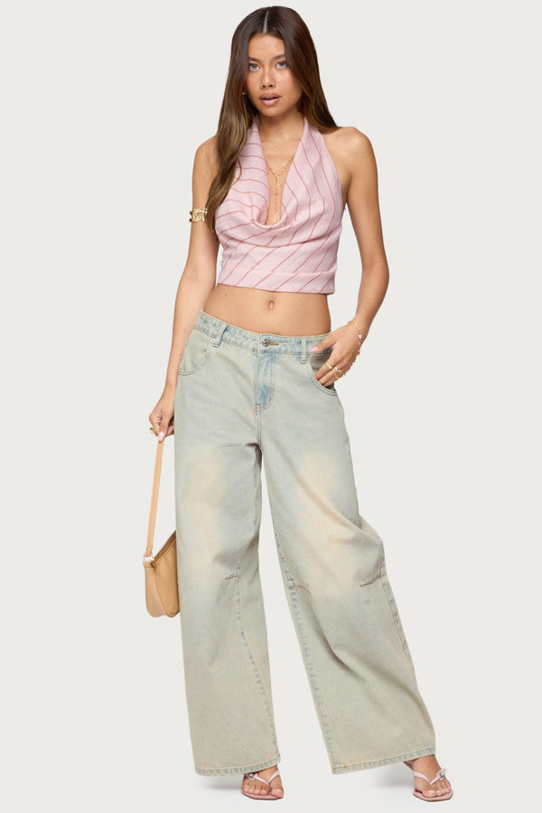 Edikted Stripey Metallic Cowl Neck Halter Top Pink