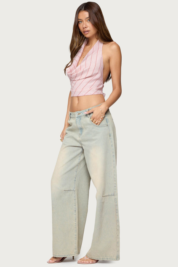 Edikted Stripey Metallic Cowl Neck Halter Top Pink