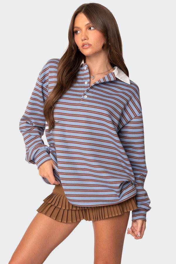 Edikted Stripey Oversized Collared Shirt Blue