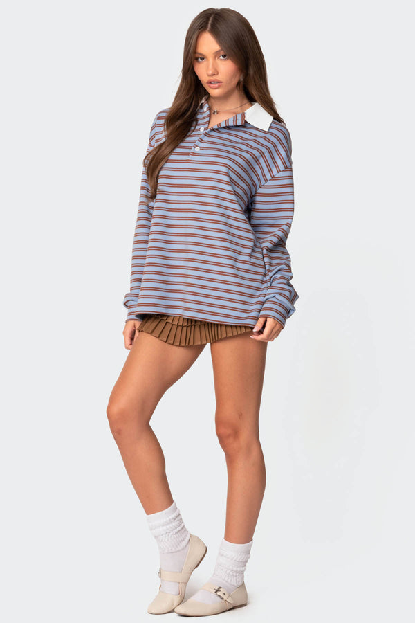 Edikted Stripey Oversized Collared Shirt Blue