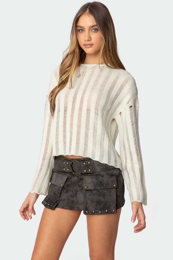Edikted Stripey Shredded Sweater Cream