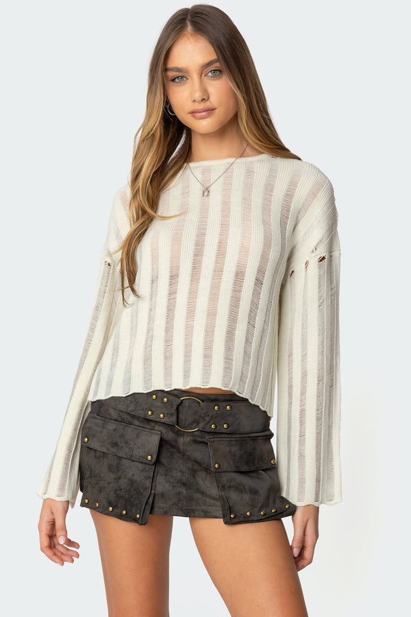 edikted Stripey Shredded Sweater cream