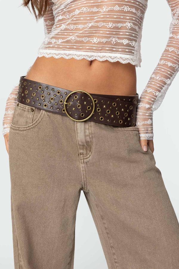 edikted Stud & Grommet Faux Leather Belt brown