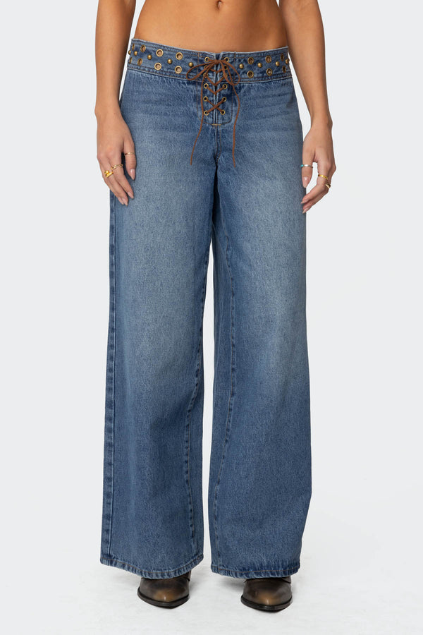 Edikted Stud & Grommet Low Rise Jeans Blue Washed