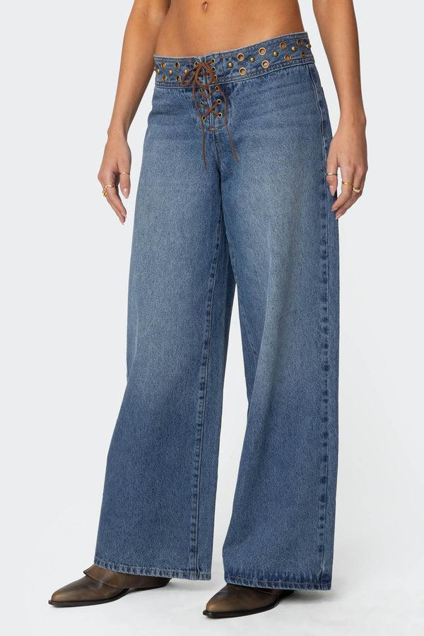 Edikted Stud & Grommet Low Rise Jeans Blue Washed