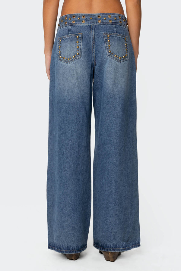 Edikted Stud & Grommet Low Rise Jeans Blue Washed