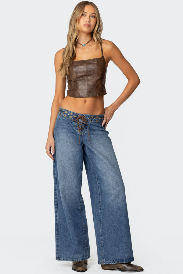 edikted Stud & Grommet Low Rise Jeans blue washed