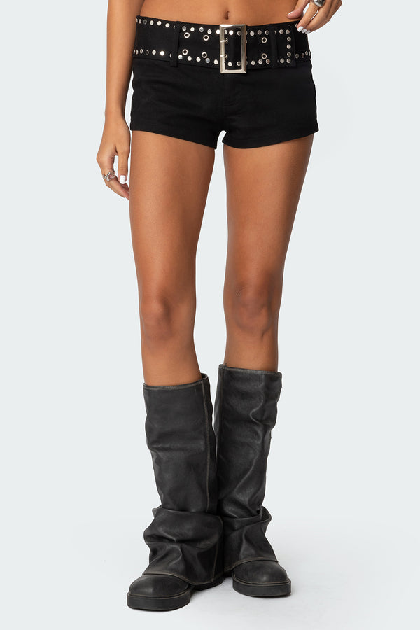 Edikted Studded Belt Denim Micro Shorts Black