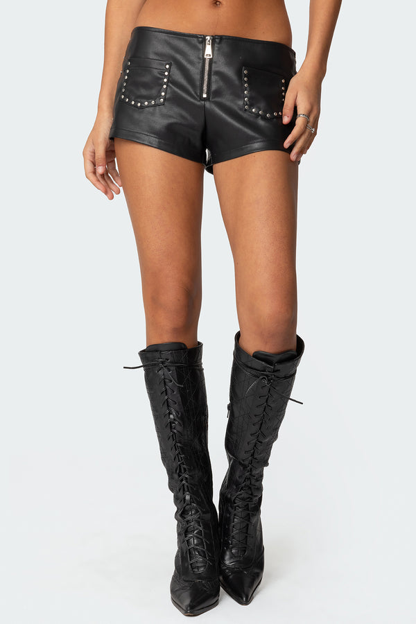 Edikted Studded Faux Leather Micro Shorts Black