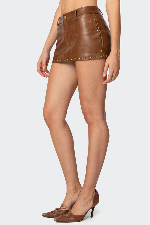 Edikted Studded Faux Leather Mini Skort Brown