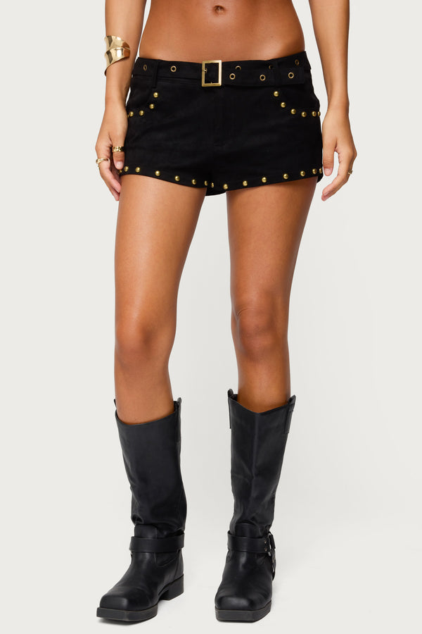 Edikted Studded Faux Suede Micro Shorts Black