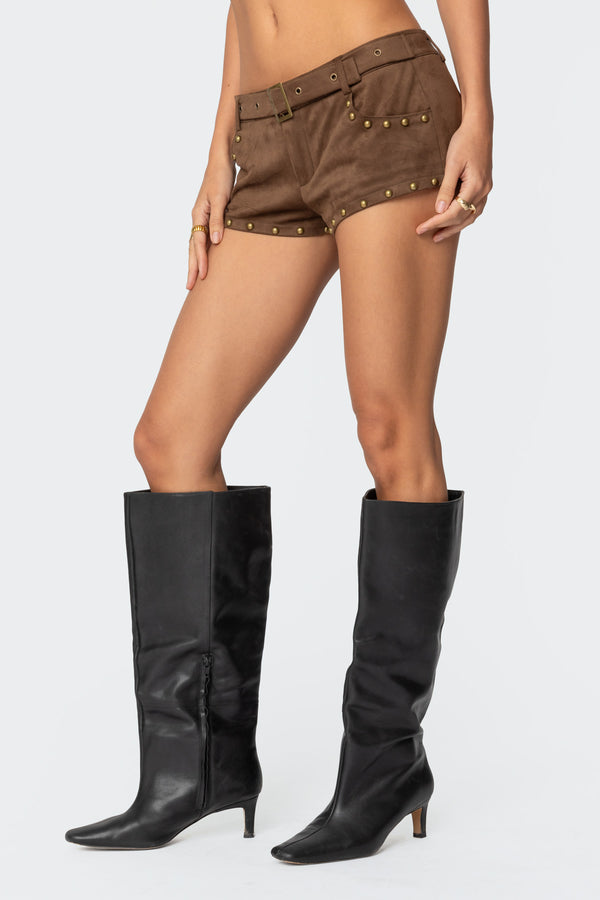 Edikted Studded Faux Suede Micro Shorts Brown