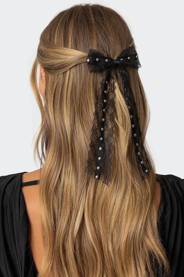 edikted Studded Lace Bow Hair Clip black