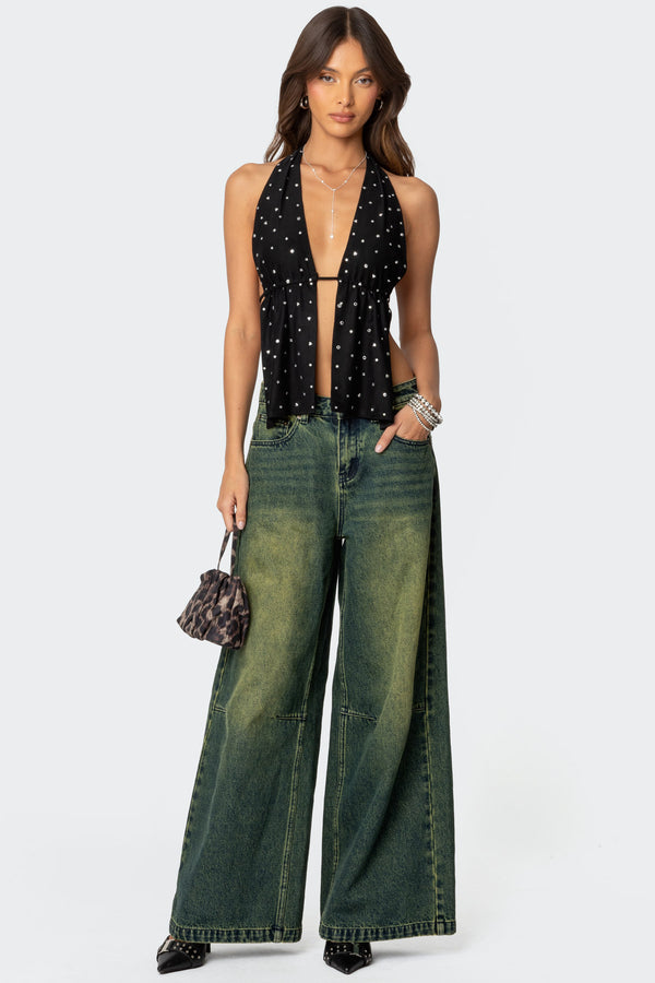 Edikted Studded Open Back Halter Top Black