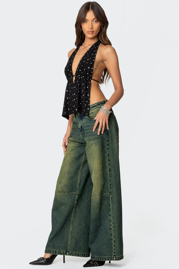 Edikted Studded Open Back Halter Top Black