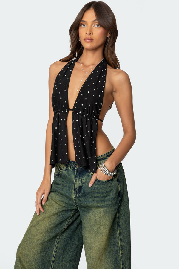 Edikted Studded Open Back Halter Top Black