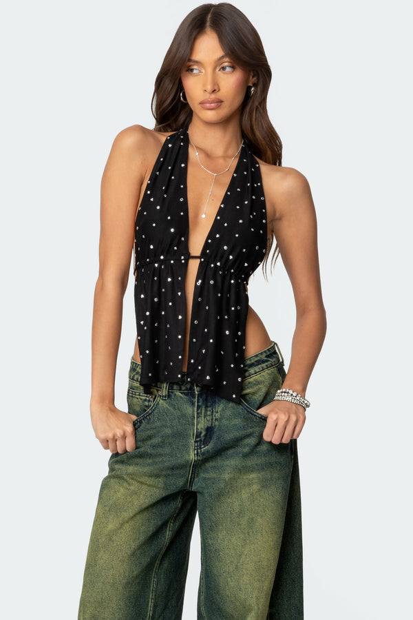 edikted Studded Open Back Halter Top black