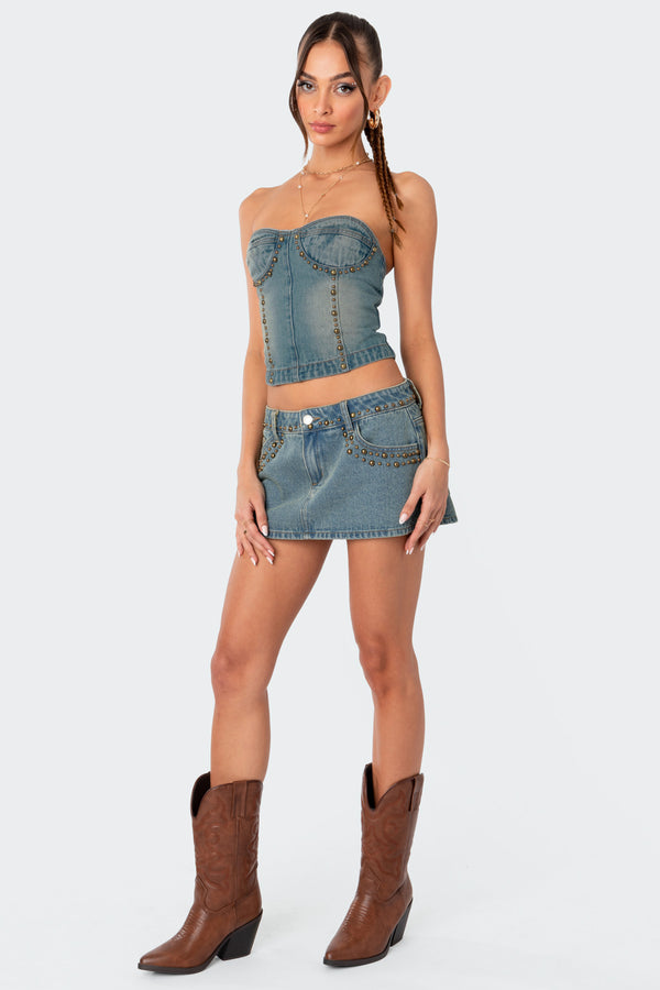 Edikted Studded Washed Denim Lace Up Corset Blue