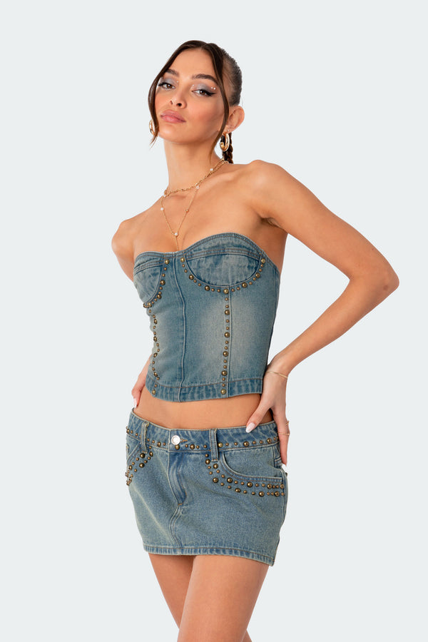 Edikted Studded Washed Denim Lace Up Corset Blue