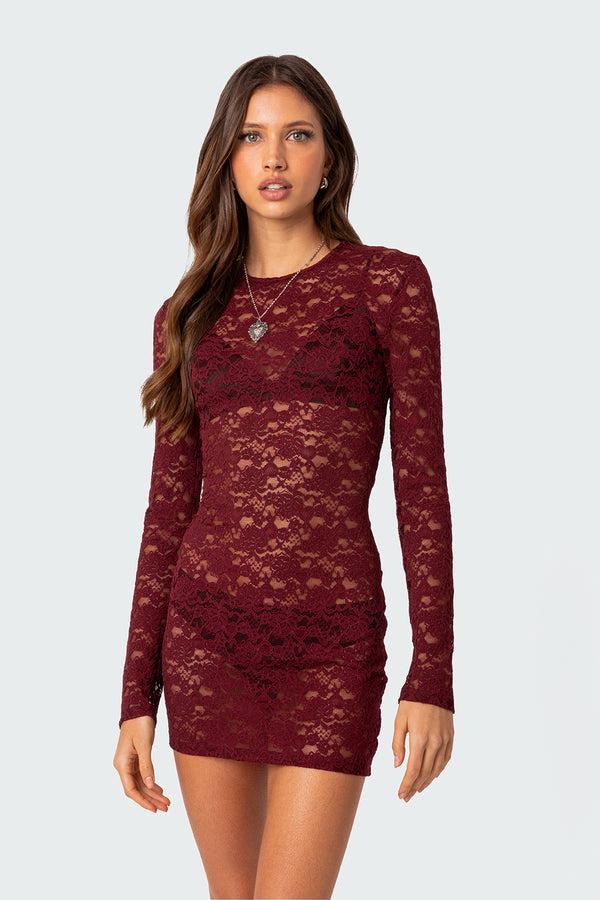 Edikted Surreal Sheer Lace Mini Dress Burgundy