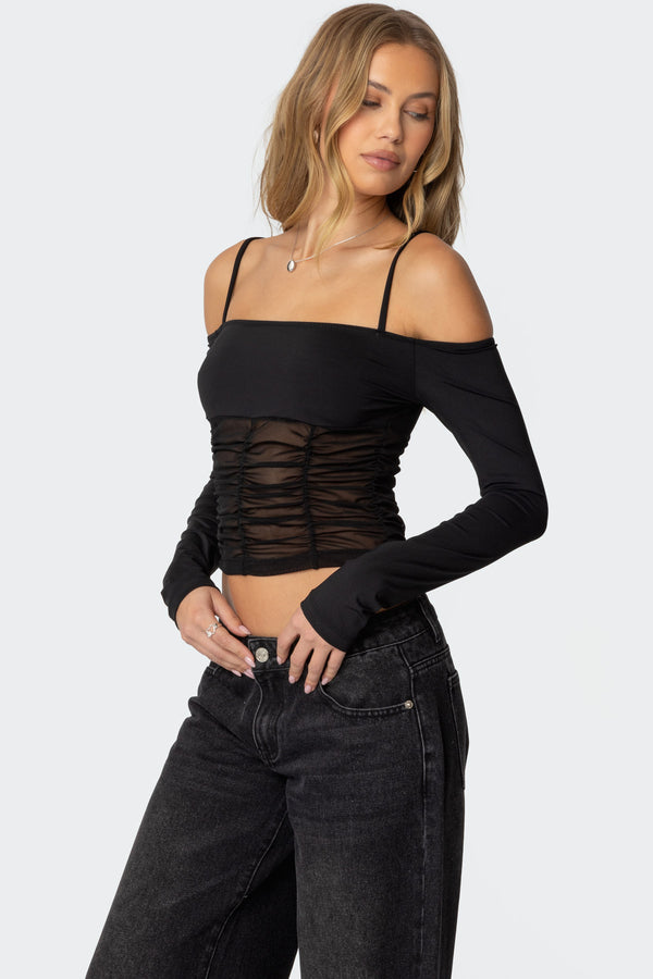 Edikted Susie Off Shoulder Mesh Top Black