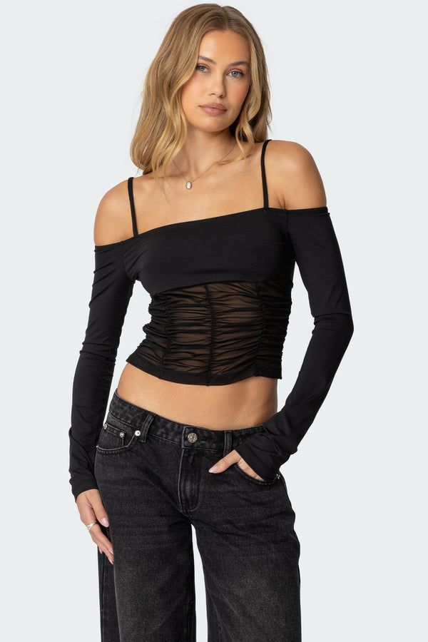 edikted Susie Off Shoulder Mesh Top black