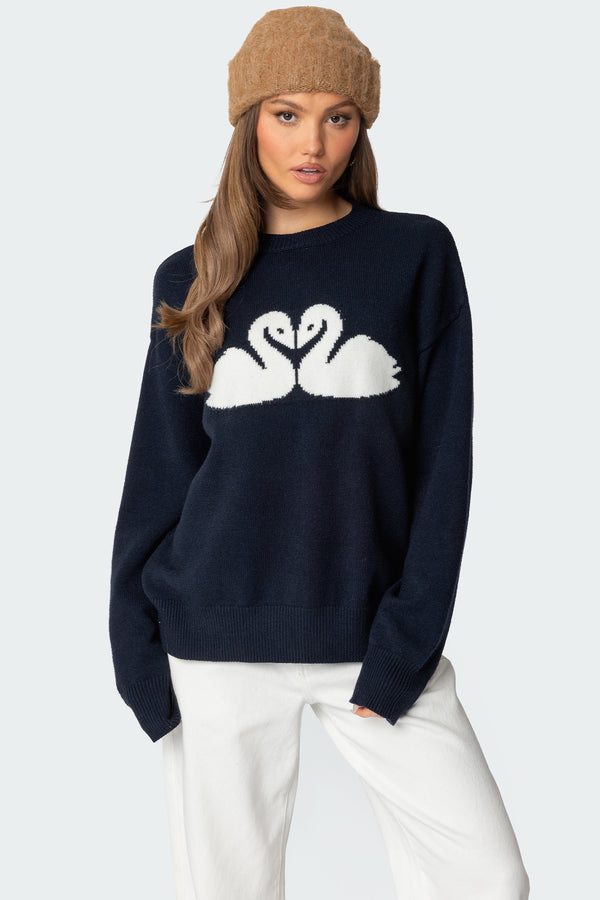 edikted Swan Oversized Knit Sweater navy