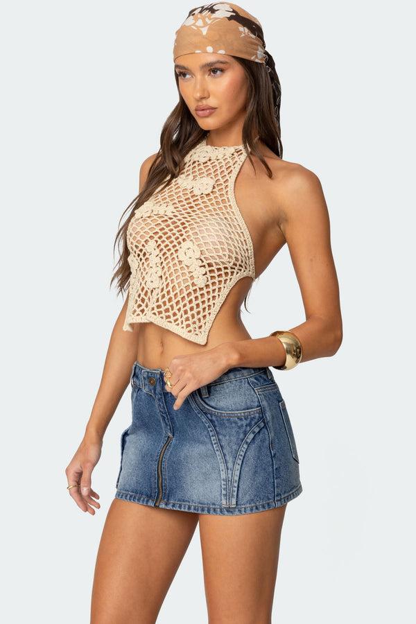 Edikted Syd Backless Crochet Top Beige