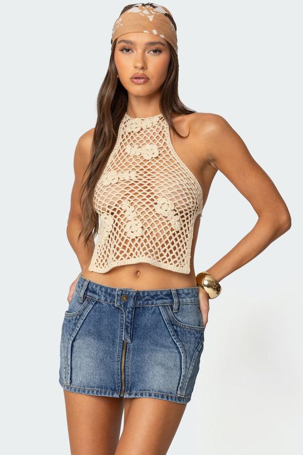 edikted Syd Backless Crochet Top beige