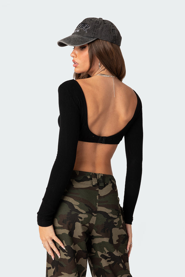 Edikted Sydney Ribbed Open Back Crop Top Black