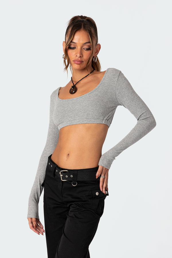 Edikted Sydney Ribbed Open Back Crop Top Gray