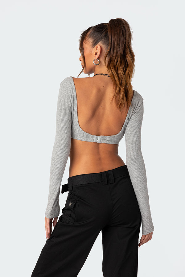 Edikted Sydney Ribbed Open Back Crop Top Gray