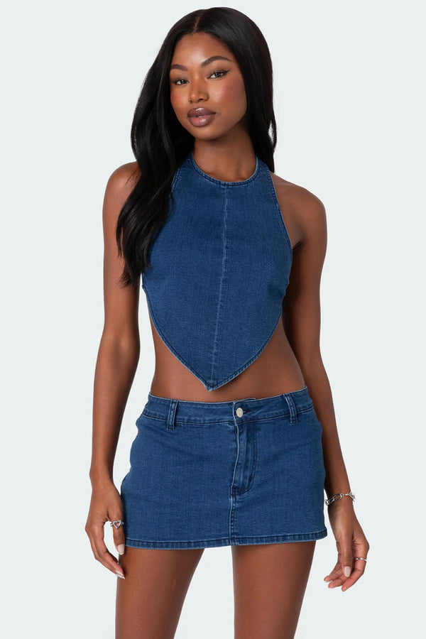 edikted Sydnie Denim Open Back Top dark blue