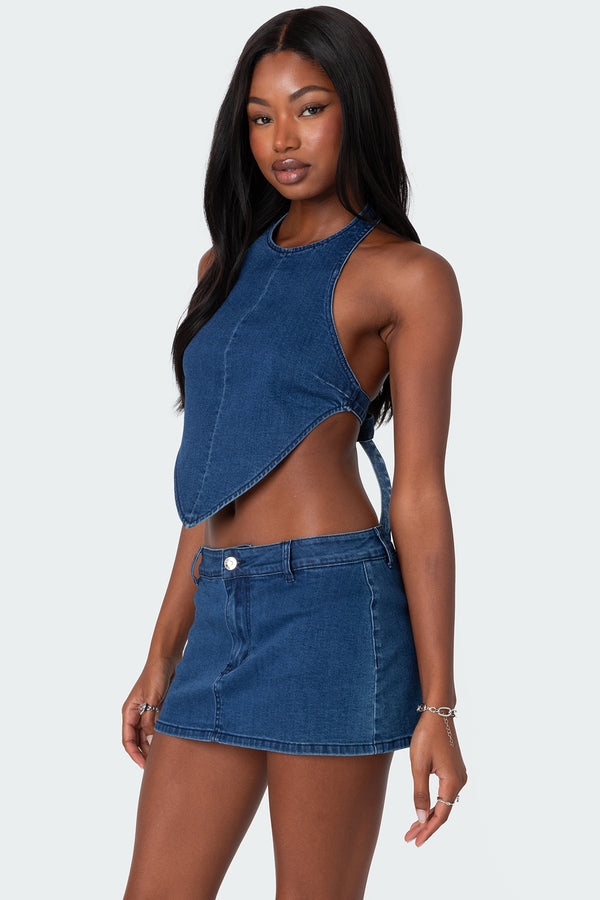 Edikted Sydnie Denim Open Back Top Dark Blue