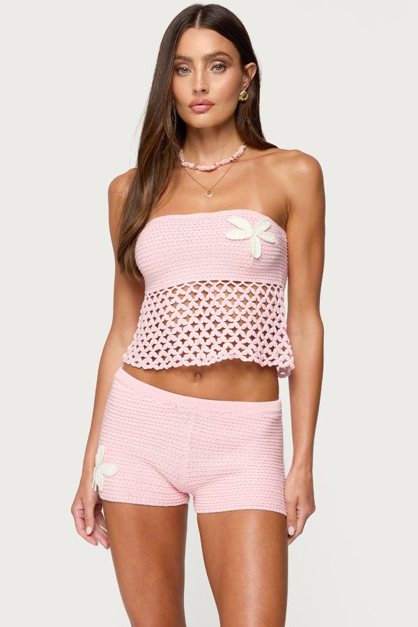 Edikted Tahna Flower Strapless Crochet Top Pink
